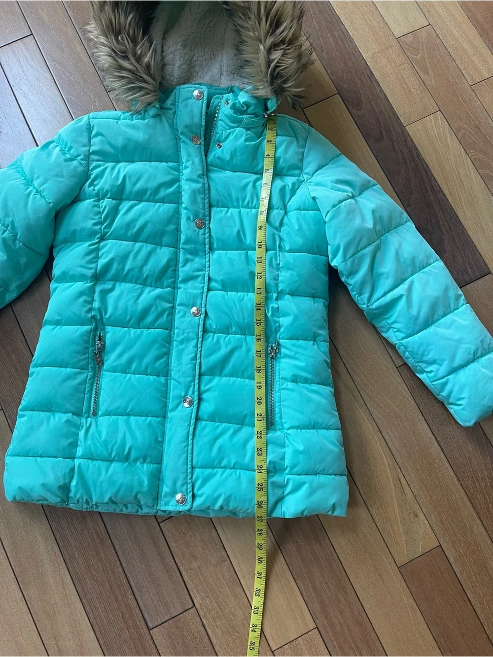 Justice Girls Aqua Faux Fur Hooded Puffer Winter Coat Size 12/14